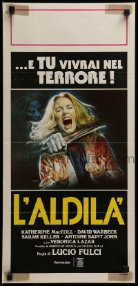 4y928 BEYOND Italian locandina 1981 Lucio Fulci, disturbing Sciotti art of girl getting throat slashed!