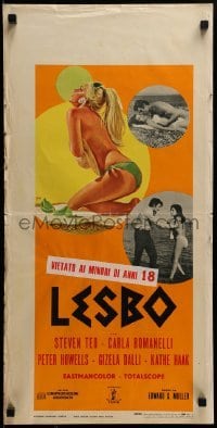 4y959 LESBO Italian locandina 1969 early lesbian tale, art of sexy woman on beach in bikini!