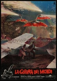 4y920 WAR OF THE WORLDS Italian 27x38 pbusta R1960s Barry & Robinson by plane under alien war ships!