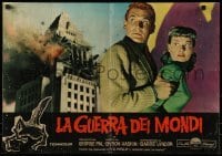 4y908 WAR OF THE WORLDS Italian 19x27 pbusta R1960s building blowing up + Barry & Robinson!