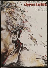 4y740 CHRZESNIAK Polish 26x37 1986 artwork of man with feather hair by Witold Dybowski!