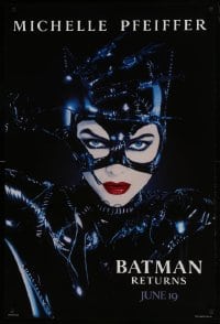 4z121 BATMAN RETURNS teaser 1sh 1992 Tim Burton, Michelle Pfeiffer as Catwoman, dated design!