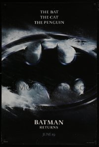 4z123 BATMAN RETURNS teaser DS 1sh 1992 Burton, Keaton, The Bat, The Cat, The Penguin, logo design!