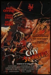 4z231 CITY SLICKERS advance 1sh 1991 great artwork of cowboys Billy Crystal & Daniel Stern!