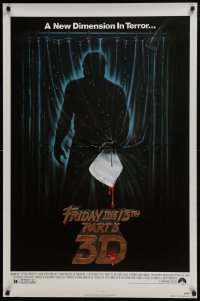 4z367 FRIDAY THE 13th PART 3 - 3D 1sh 1982 slasher sequel, art of Jason stabbing through shower!