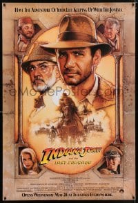 4z465 INDIANA JONES & THE LAST CRUSADE advance 1sh 1989 Ford/Connery over a brown background by Drew