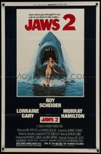 4z488 JAWS 2 1sh 1978 great classic art of giant shark attacking girl on water skis by Lou Feck!
