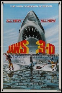 4z489 JAWS 3-D 1sh 1983 great Gary Meyer shark artwork, the third dimension is terror!