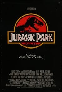4z505 JURASSIC PARK DS 1sh 1993 Steven Spielberg, classic logo with T-Rex over red background