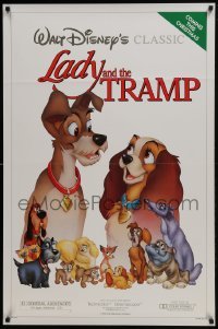 4z531 LADY & THE TRAMP 1sh R1986 Walt Disney romantic canine dog classic cartoon!