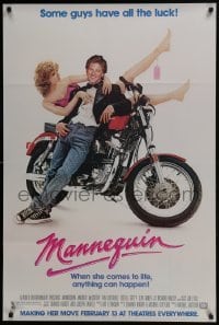 4z584 MANNEQUIN advance 1sh 1987 great image of Andrew McCarthy & fake Kim Cattrall on motorcycle!