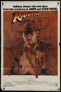 4z716 RAIDERS OF THE LOST ARK 1sh 1981 great art of adventurer Harrison Ford by Richard Amsel!