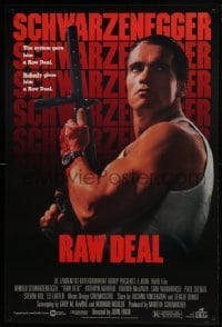 4z722 RAW DEAL 1sh 1986 great image of tough guy Arnold Schwarzenegger with gun!