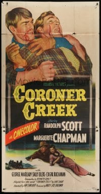 5a513 CORONER CREEK 3sh 1948 c/u of Randolph Scott fighting bad guy & with Marguerite Chapman!