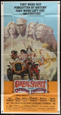5a548 GREAT SCOUT & CATHOUSE THURSDAY 3sh 1976 wacky art of Lee Marvin & cast at Mount Rushmore!