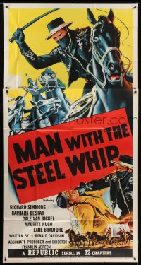 5a585 MAN WITH THE STEEL WHIP 3sh 1954 serial, cool art of masked hero on horse lashing his whip!