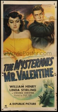 5a593 MYSTERIOUS MR. VALENTINE 3sh 1946 different art of William Henry attacking Linda Sterling!