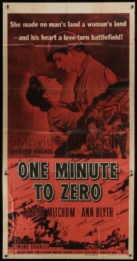 5a602 ONE MINUTE TO ZERO 3sh R1956 art of Robert Mitchum, Ann Blyth & fighter jets, Howard Hughes