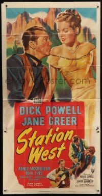 5a659 STATION WEST 3sh 1948 great art of cowboy Dick Powell romancing sexy Jane Greer, rare!