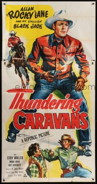 5a672 THUNDERING CARAVANS 3sh 1952 great artwork of cowboy Rocky Lane w/smoking gun & Black Jack!