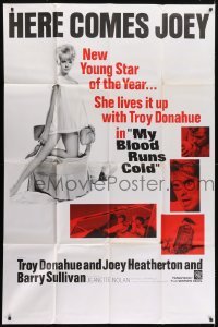 5a043 MY BLOOD RUNS COLD 40x60 1965 here comes Joey Heatherton, new young star of the year, rare!