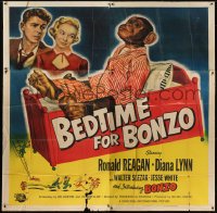 5a096 BEDTIME FOR BONZO 6sh 1951 Ronald Reagan & Diana Lynn look at wacky chimpanzee on bed, rare!