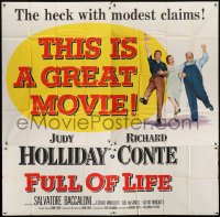 5a115 FULL OF LIFE 6sh 1957 newlyweds Judy Holliday & Richard Conte, the heck with modest claims!
