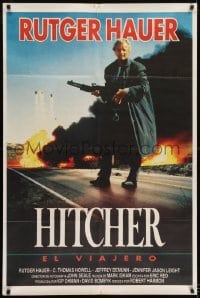 5a222 HITCHER Argentinean 1986 great image of Rutger Hauer with gun by explosion on highway!