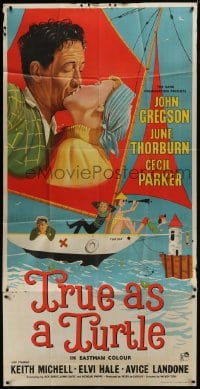 5a082 TRUE AS A TURTLE English 3sh 1956 art of John Gregson & Thorburn kissing on sailboat, rare!