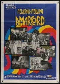 5a707 AMARCORD Italian 1p 1973 Federico Fellini classic comedy, colorful art + photo montage!