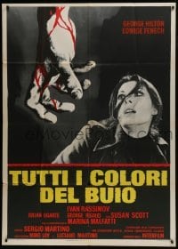 5a955 THEY'RE COMING TO GET YOU Italian 1p 1975 c/u of scared Edwige Fenech & bloody hand!