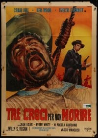 5a956 THREE CROSSES OF DEATH Italian 1p 1968 Franco art of Craig Hill watching man hang from noose!