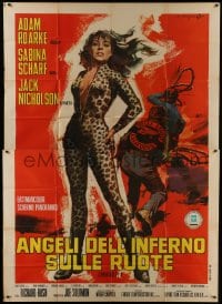 5a369 HELLS ANGELS ON WHEELS Italian 2p 1968 Cesselon art of sexy Sabina Scharf in leopardskin!
