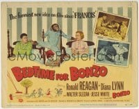 5b046 BEDTIME FOR BONZO TC 1951 wacky of chimpanzee between Ronald Reagan & Diana Lynn in bed!