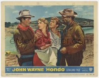 5b736 HONDO 3D LC #8 1953 cowboys John Wayne & Ward Bond help Geraldine Page by river!