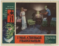 5b746 I WAS A TEENAGE FRANKENSTEIN LC #8 1957 screaming blonde girl in nightie with the monster!