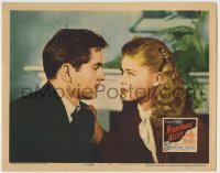 5b826 NIGHTMARE ALLEY LC #3 1947 close up of carnival barker Tyrone Power with Helen Walker!