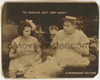 5b873 ROSCOE FATTY ARBUCKLE LC 1920s telling Mabel Normand his appetite isn't very good, help us!