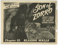 5b430 SON OF ZORRO chapter 12 TC 1947 Republic serial, c/u of the masked hero w/gun, Blazing Walls!