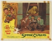 5b896 SPOOK CHASERS LC 1957 monster in window watches Huntz Hall reading book with two men!