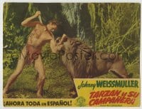 5b909 TARZAN & HIS MATE Spanish/US LC 1934 c/u of Johnny Weissmuller with knife attacking lion!