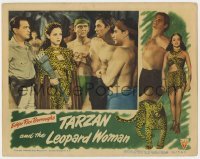 5b913 TARZAN & THE LEOPARD WOMAN LC 1946 men hold Johnny Weissmuller in front of Acquanetta!