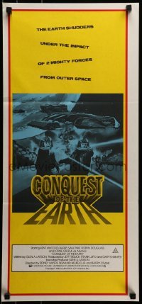 5c621 CONQUEST OF THE EARTH Aust daybill 1980 great image of wacky aliens terrorizing Hollywood!