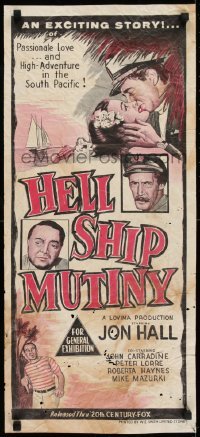 5c712 HELL SHIP MUTINY Aust daybill 1957 Jon Hall kisses tropical bikini babe, John Carradine, Peter Lorre