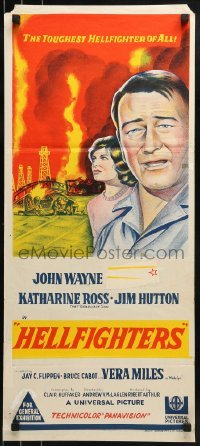 5c713 HELLFIGHTERS Aust daybill 1969 art of John Wayne as fireman Red Adair & Katharine Ross!