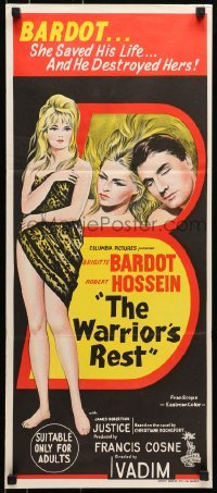 5c767 LOVE ON A PILLOW Aust daybill 1964 sexy Brigitte Bardot and Robert Hossein, The Warrior's Rest!