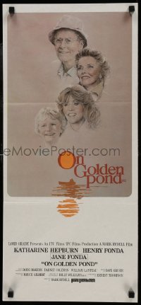 5c820 ON GOLDEN POND Aust daybill 1981 art of Hepburn, Henry Fonda, and Jane Fonda by C.D. de Mar!