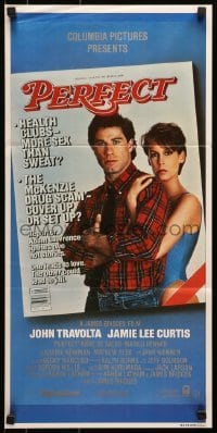 5c844 PERFECT Aust daybill 1985 sexy Jamie Lee Curtis & John Travolta, cool red title design!