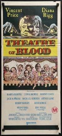 5c939 THEATRE OF BLOOD Aust daybill 1973 Vincent Price holding bloody skull w/dead audience!
