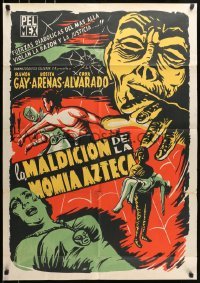 5c055 LA MALDICION DE LA MOMIA AZTECA export Mexican poster R1960s Aztec mummy & masked wrestler!